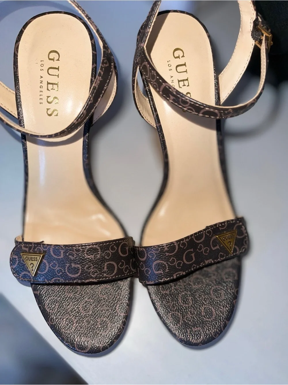 GUESS Brown Logo Cork Wedge Sandals with Ankle Strap